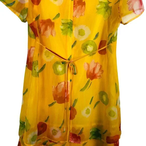 Vtg Byer Studio Women's Sheer Dress Size 14 Floral Print Yellow 3-Tiered Hem - Picture 7 of 12